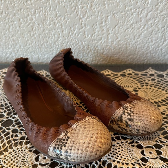 Tory Burch Chestnut Brown Snakeskin Cap Toe Abbey Leather Ballet Flats - Picture 2 of 12